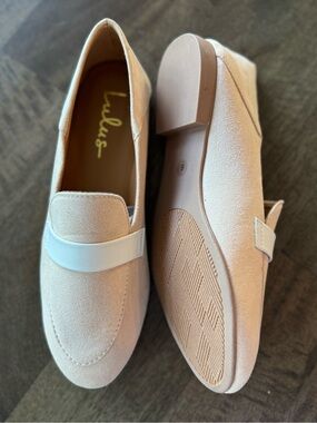Lulu's Tan Suede Loafers with White Accent Strap